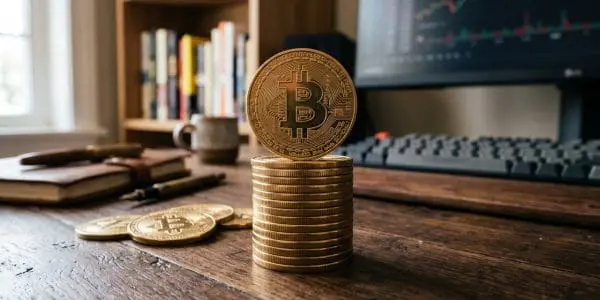 A stack of bitcoin on a desk