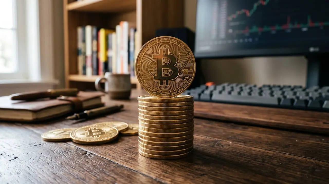 A stack of bitcoin on a desk