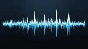 A blue sound wave graphic stretches across a dark black background, creating a dynamic visual representation of audio