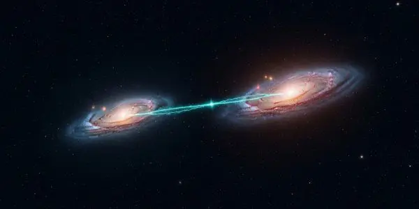 Quantum entanglement correlating distant particles instantaneously