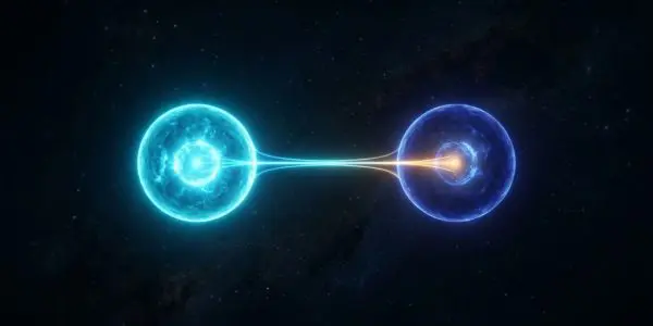 Two glowing spherical orbs, one cyan and one deeper blue, connected by a thin bright filament of light across a dark starry expanse.