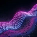 A circuit board is overlaid with flowing binary code in vibrant purple and blue, set against a dark background.