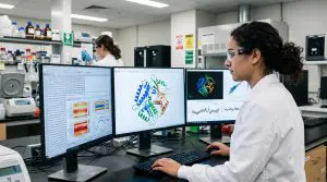 A researcher intently works at a computer in a brightly lit laboratory setting with multiple monitors displaying data.