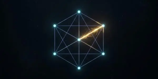A geometric arrangement of glowing blue nodes connected by lines, with a bright orange energy filament crossing one segment, set against a dark starfield.