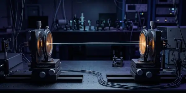 Two facing optical detector mounts linked by thin light beams across a dark optical table
