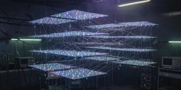 A complex, multi-layered structure of illuminated planes and connecting lines fills a darkened laboratory space, dominated by blue and purple hues.