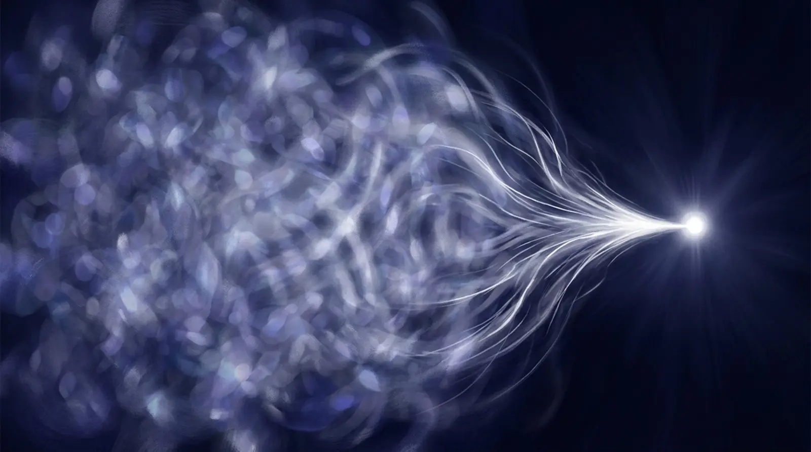 A diffuse wave gathering into a single bright point, the collapse that QBism reinterprets as one agent updating their expectations