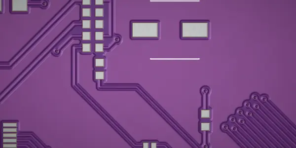 A purple circuit board with silver components and connecting traces is displayed against a black background, suggesting advanced technology.