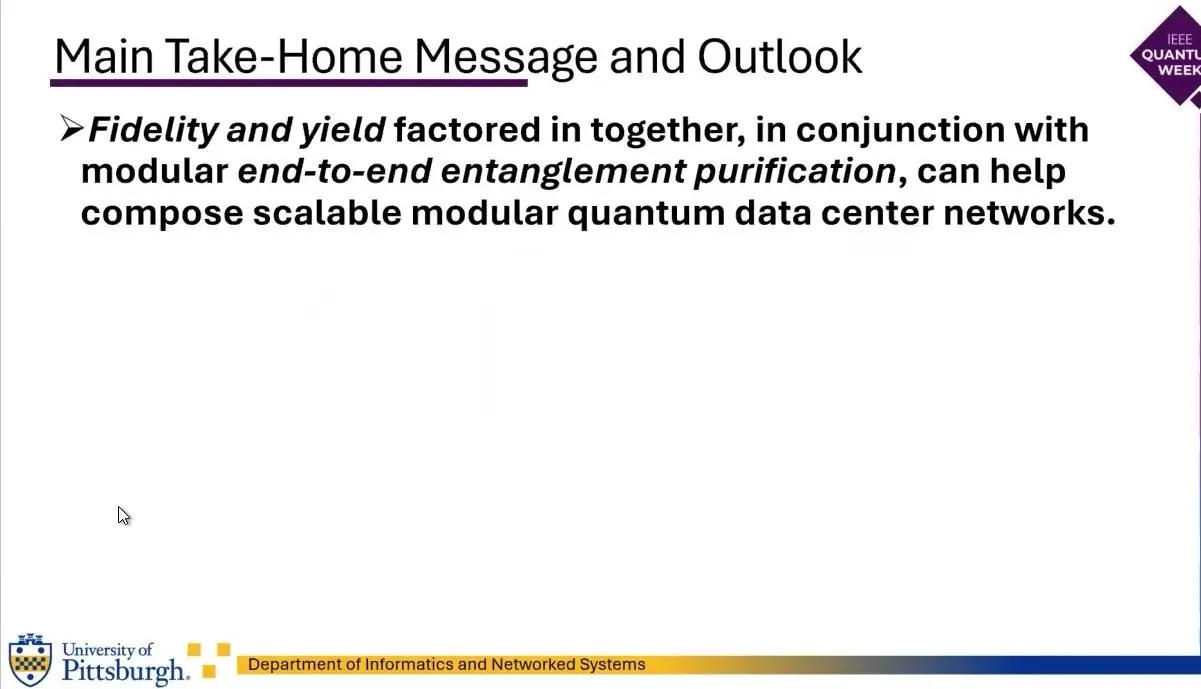 Closing slide on fidelity and yield in quantum data centres.