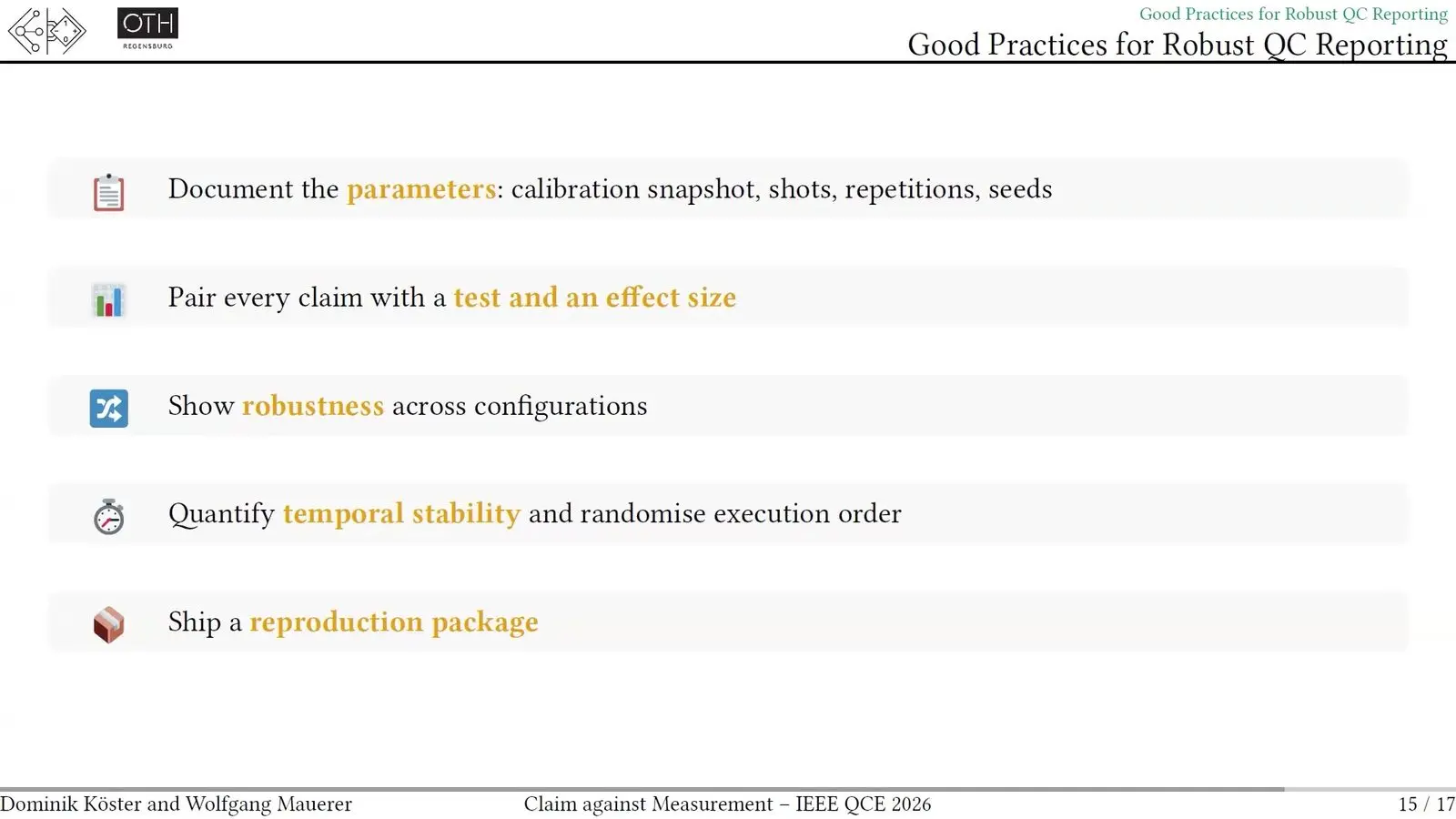 List of five good practices for reporting quantum computing results, from logging settings to sharing a package to rerun them