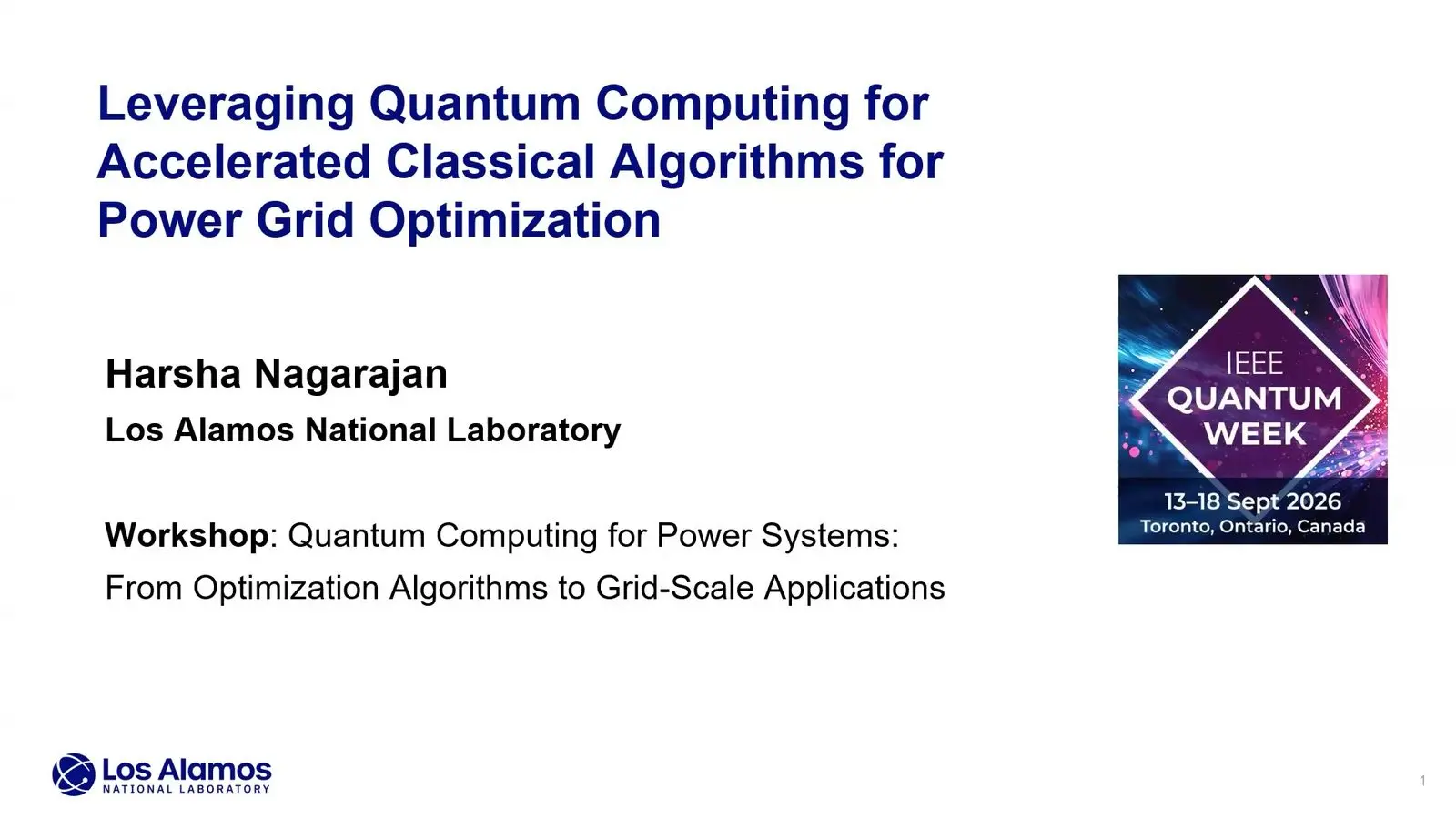 Los Alamos title slide on using quantum computing for power grids to speed up the solving of grid problems.