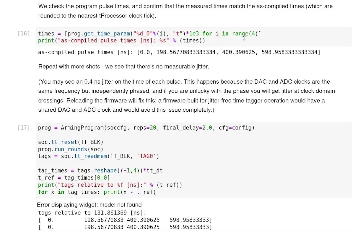 Notebook screen of code and output showing measured pulse times that match the compiled times on every shot