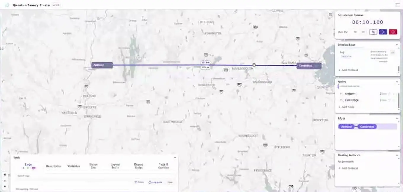 Quantum Savory Studio browser window with a quantum link from Amherst to Cambridge on a map of Massachusetts.