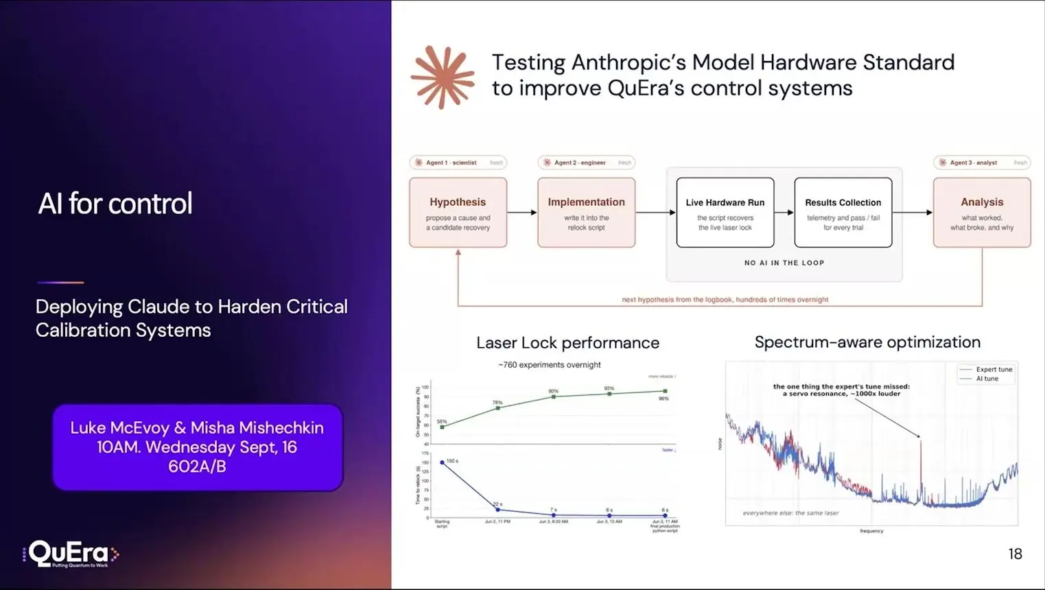Slide of an AI agent loop for laser lock tests with charts of success rate and relock time improving overnight