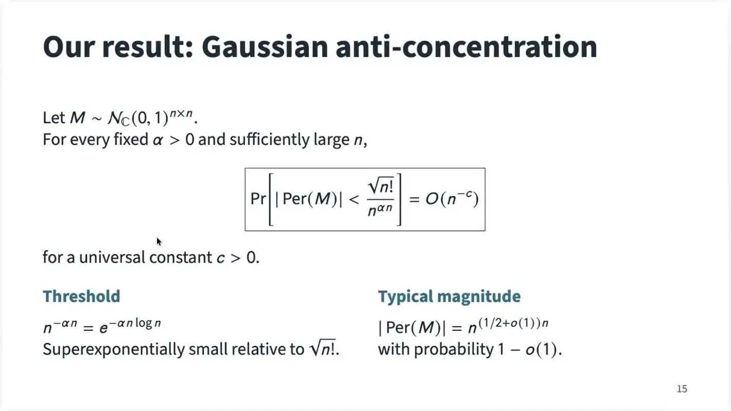 Slide of a maths result bounding how often the permanent of a random Gaussian matrix comes out very small