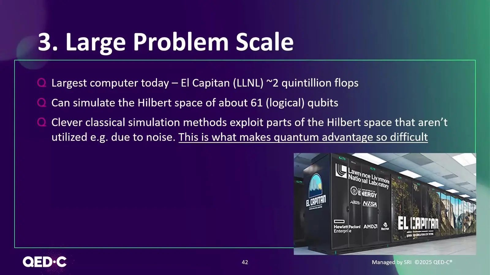 Slide with a photo of the El Capitan supercomputer and notes on how many qubits it can simulate