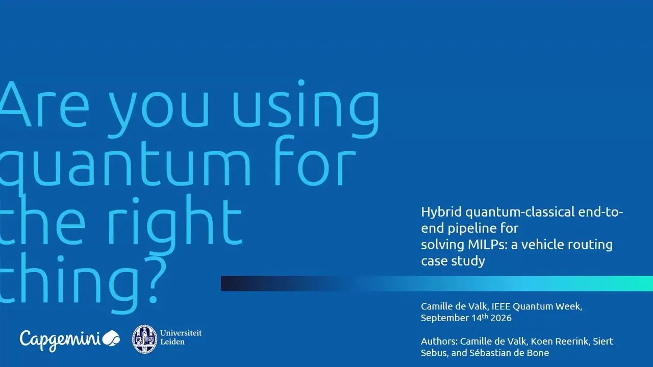 Title slide asking if quantum is used for the right thing in vehicle routing, from Capgemini and Leiden