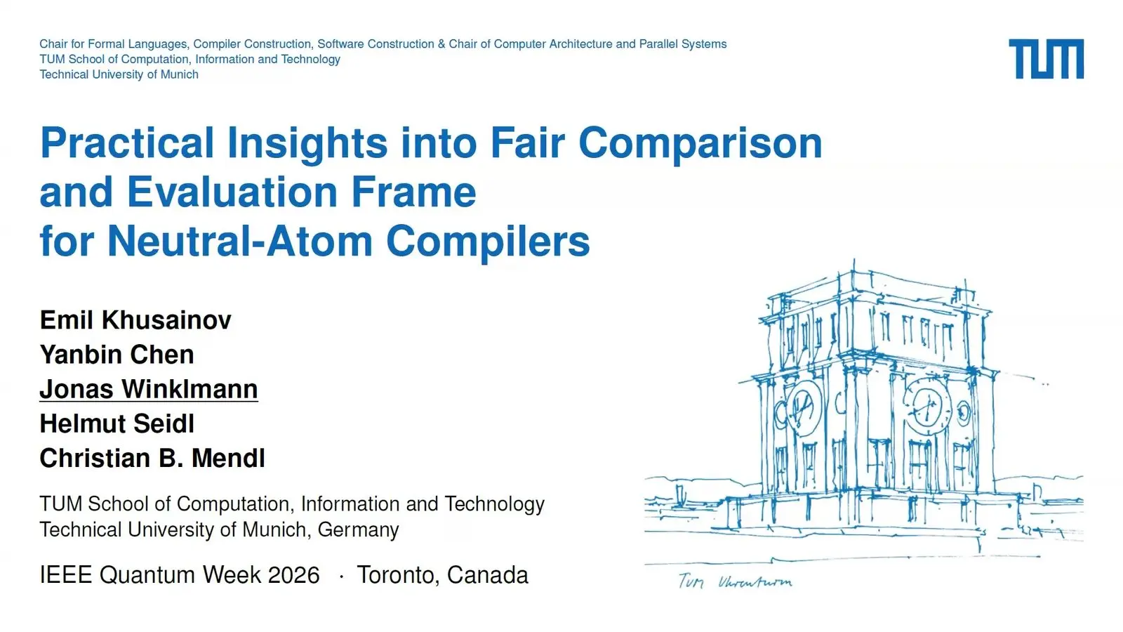 Quantum Compilers At Qce26 Faced A Fairer Race Title slide for a fair test of neutral atom quantum compilers from TU Munich