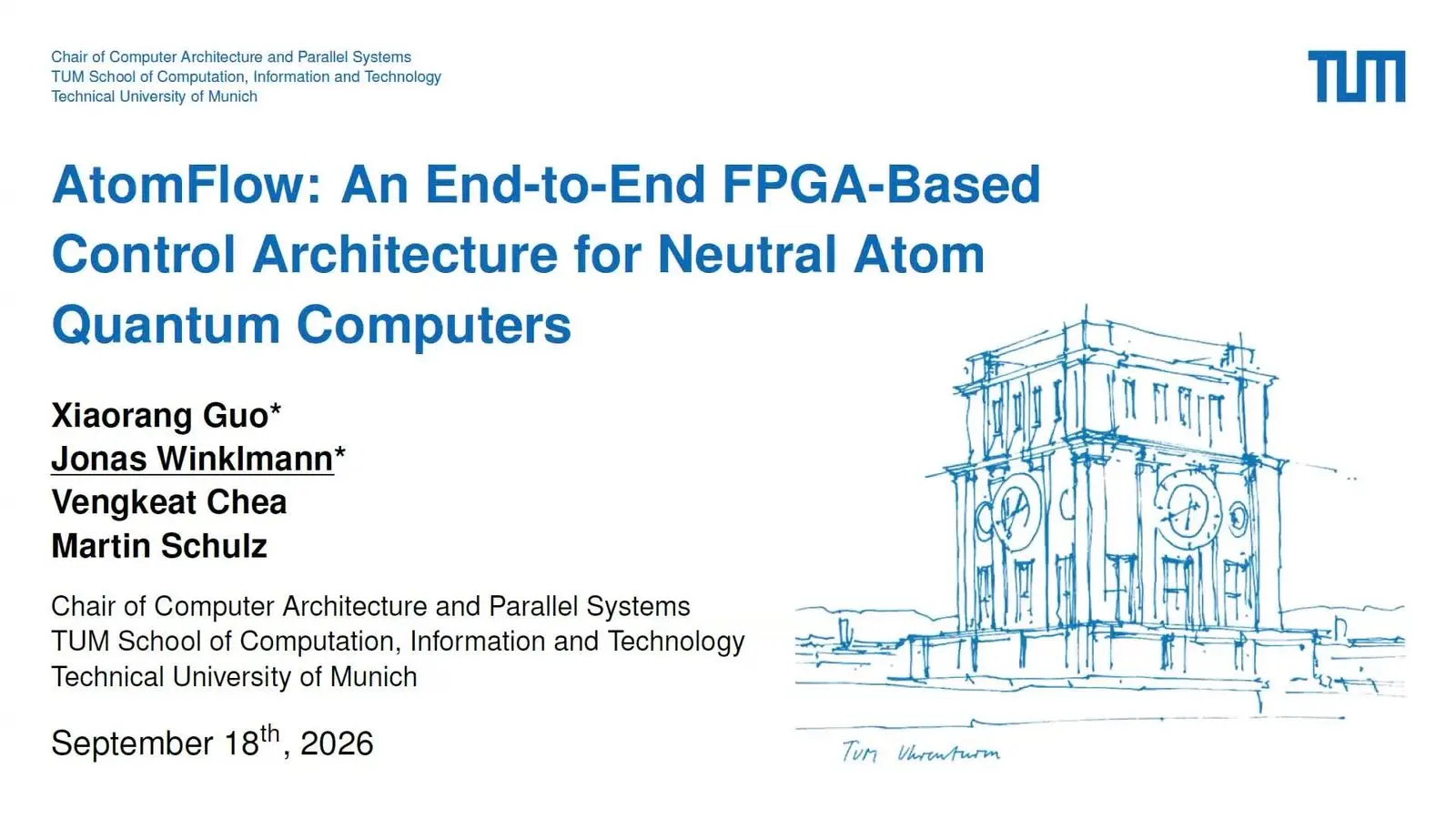 Title slide for an FPGA control system for neutral atom quantum computers, with a sketch of a Munich clock tower