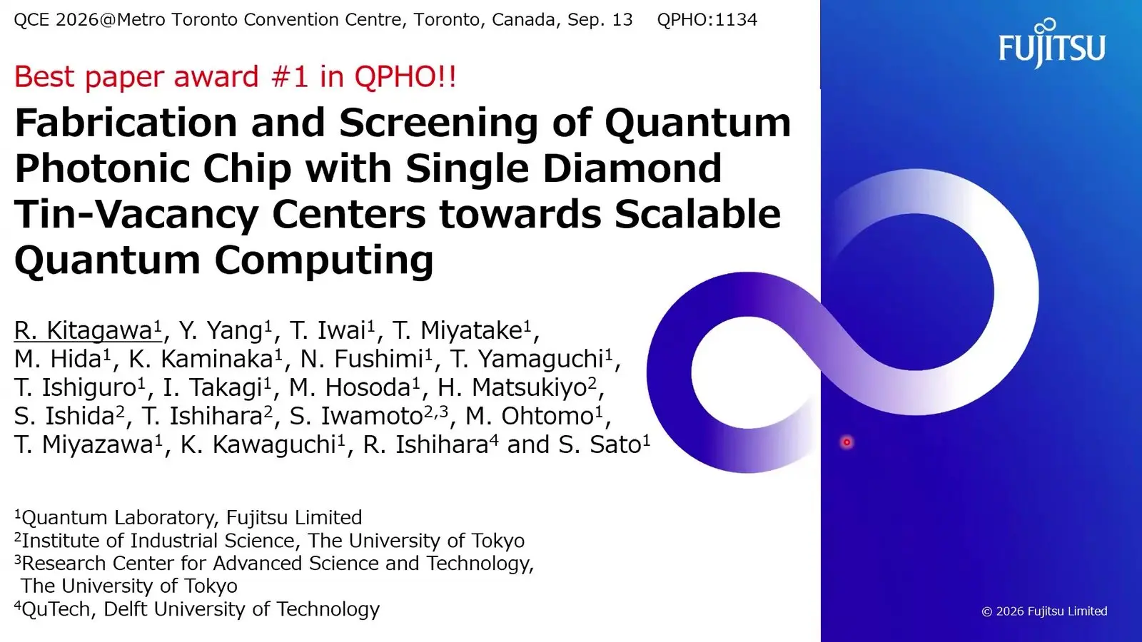Title slide of a Fujitsu paper on a diamond chip with tin defects for quantum computing.