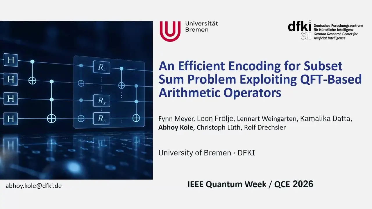 Quantum Optimisation At Qce26 Leaned On Its Classical Half Title slide on a Grover search for the subset sum problem, from Bremen and DFKI