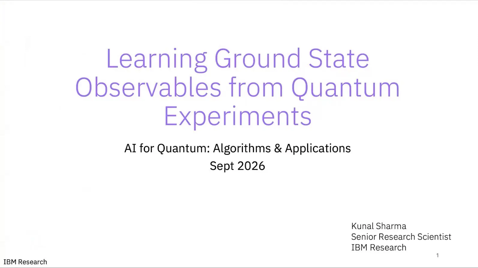 Title slide on learning ground states from quantum samples at IBM