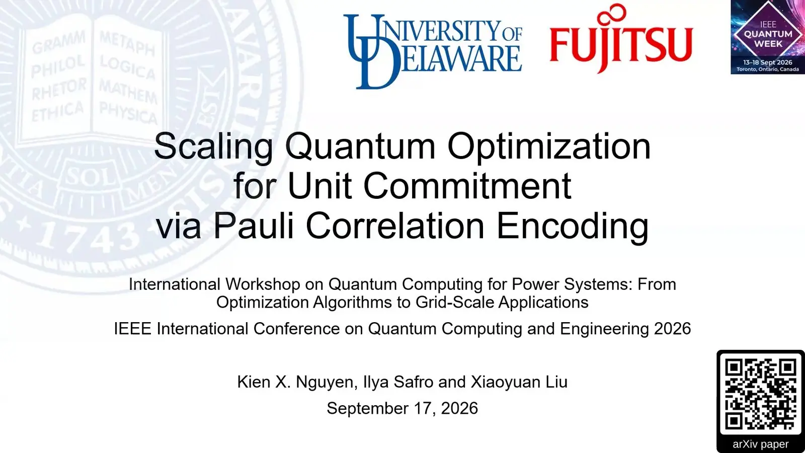 Title slide on packing power plant scheduling into fewer qubits with Pauli correlation encoding.