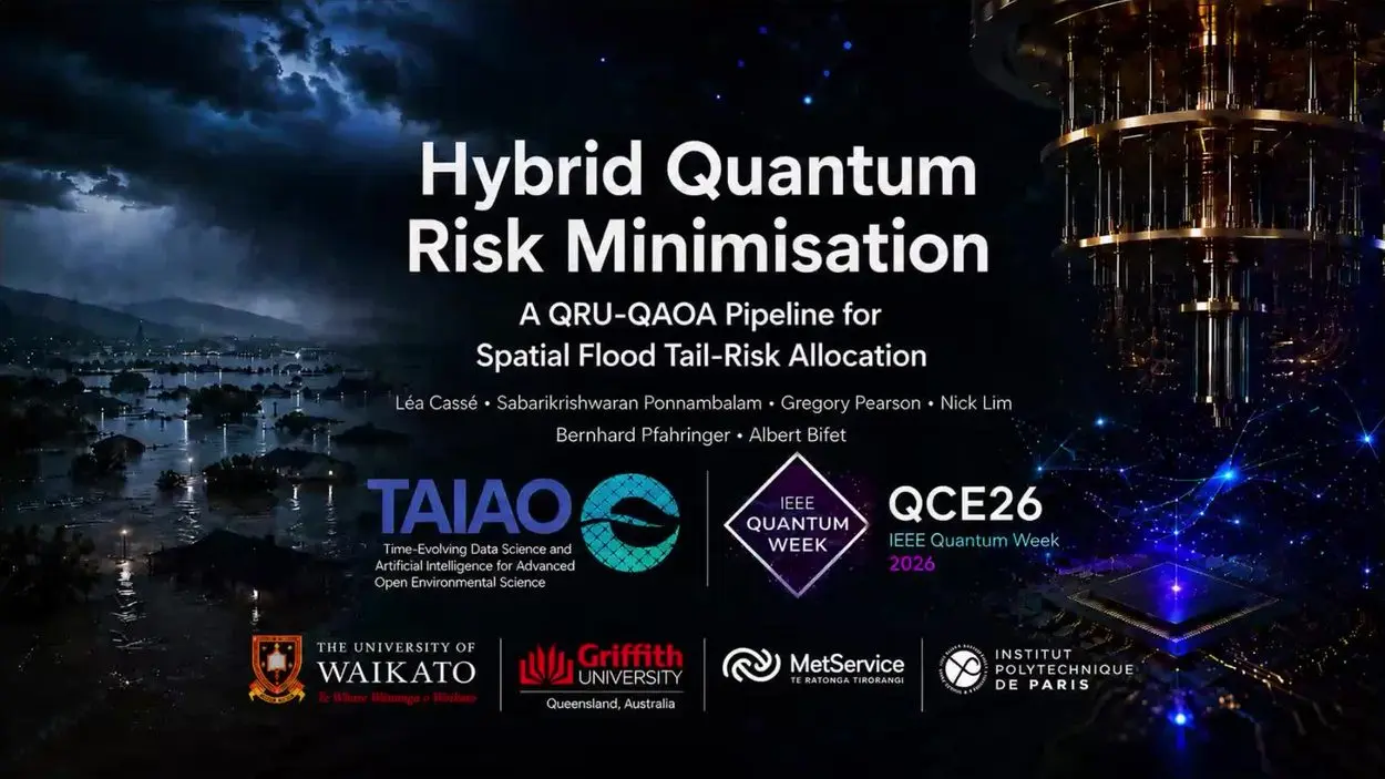 Title slide for a QRU QAOA pipeline that forecasts floods and picks river sites to protect, from the TAIAO project