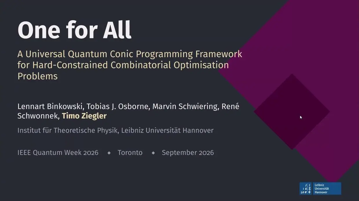 Quantum Optimisation At Qce26 Leaned On Its Classical Half Title slide of a quantum framework for optimisation problems with hard rules, from Hannover