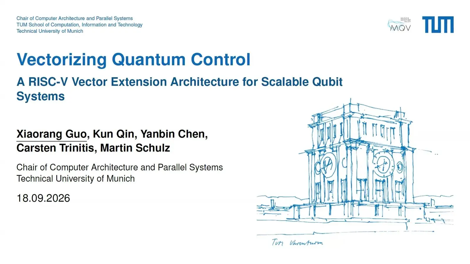 Title slide for a RISC-V vector extension for qubit control, with a sketch of a Munich clock tower