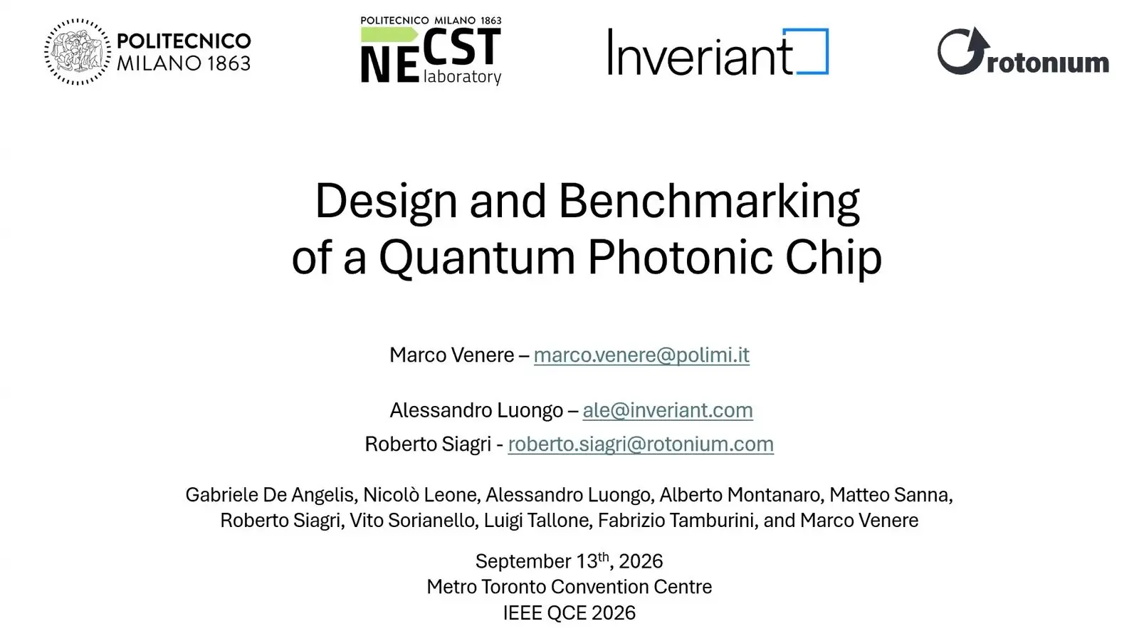 Title slide for a quantum photonics talk on the design and test of a quantum photonic chip by Rotonium and its partners.