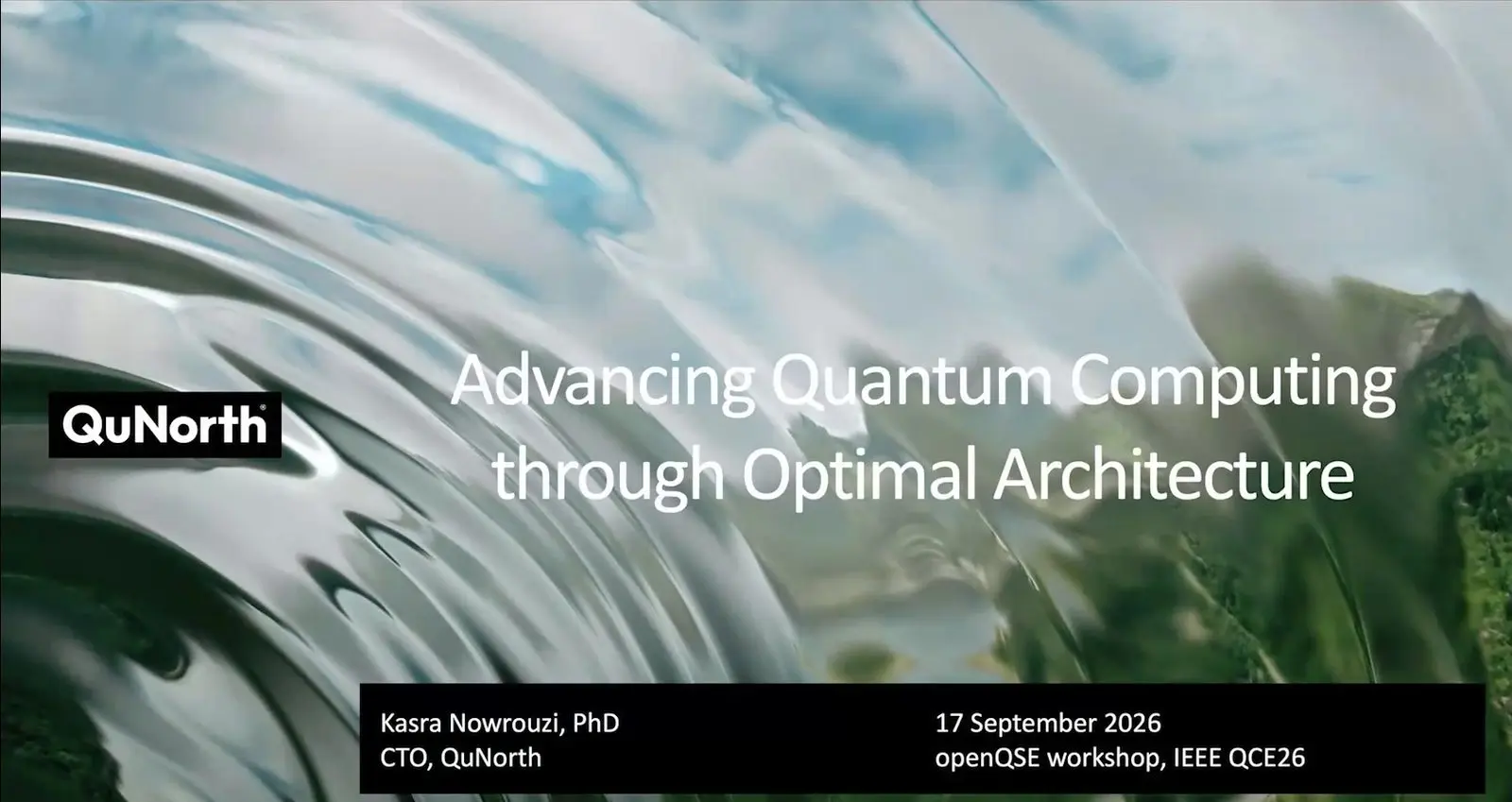 Title slide for a talk on quantum computer architecture, over a photo of water and leaves