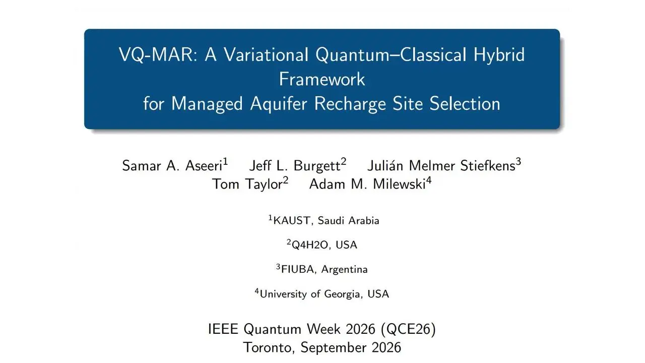 Title slide for VQ-MAR, a quantum and classical way to choose aquifer recharge sites