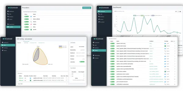 Several dark-themed computer screens display data visualizations, tables, and job information with blue and green accents.