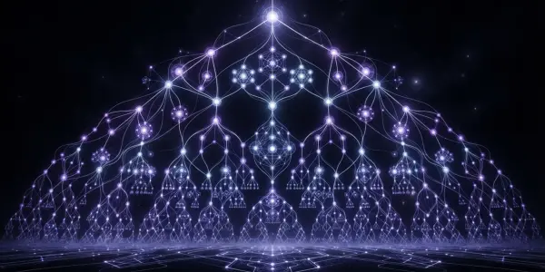 A branching tree of glowing violet lines and nodes arching over a dark reflective floor