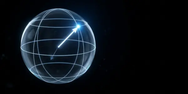 A glowing wireframe Bloch sphere with one arrow from its centre marking a qubit state on its surface