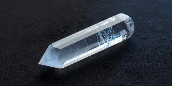 A clear pointed quartz crystal resting on dark textured cloth under cool light