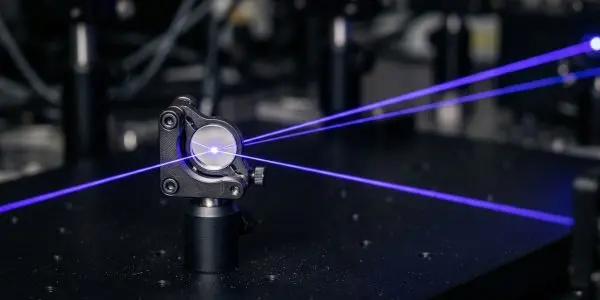 Blue laser beams cross at a small mirror mount on a dark optical table