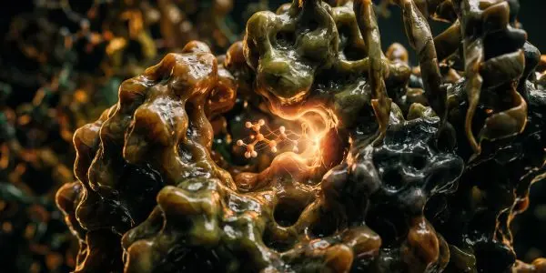 A small glowing molecule sitting in the pocket of a glossy amber and olive protein surface