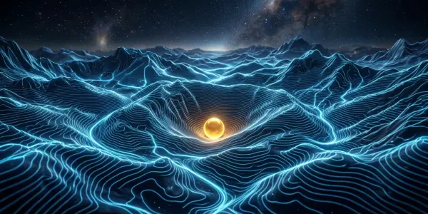 A glowing energy landscape of ridges and valleys with a bright ball resting in the lowest basin, as in annealing