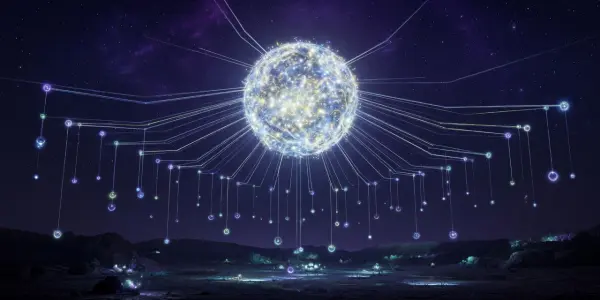 A glowing sphere above a dark landscape, linked by thin lines of light to many small nodes