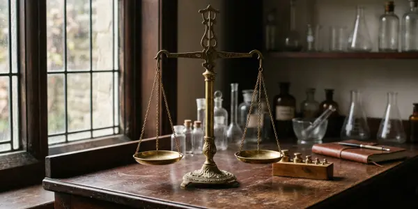 Brass balance scales on a wooden bench beside a window and shelves of glassware