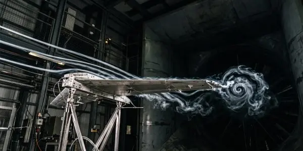 A metal wing section on a test stand shedding a swirl of smoke in a dark wind tunnel
