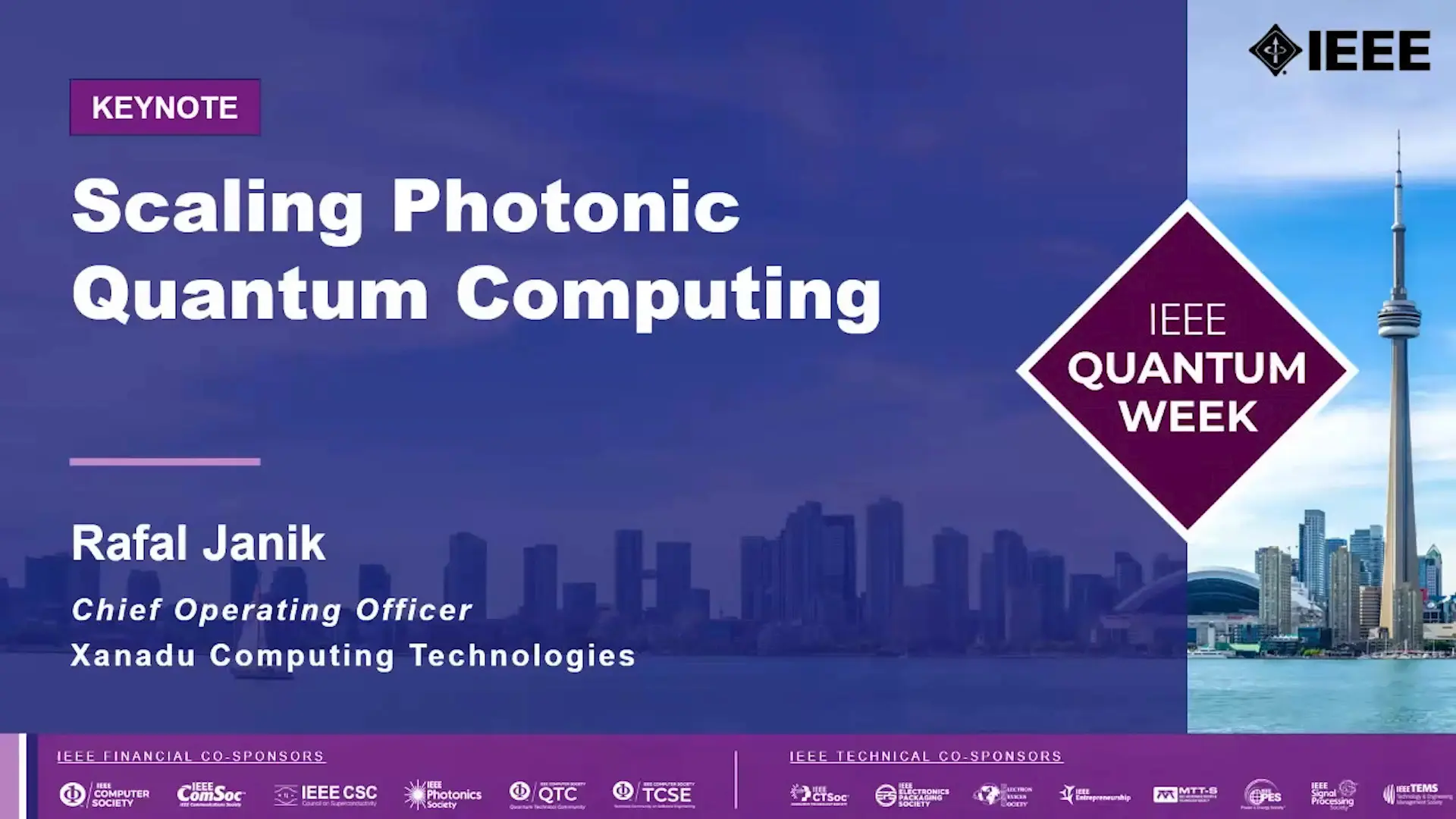 Title slide of the keynote on how to scale photonic quantum computers, by Rafal Janik of Xanadu.