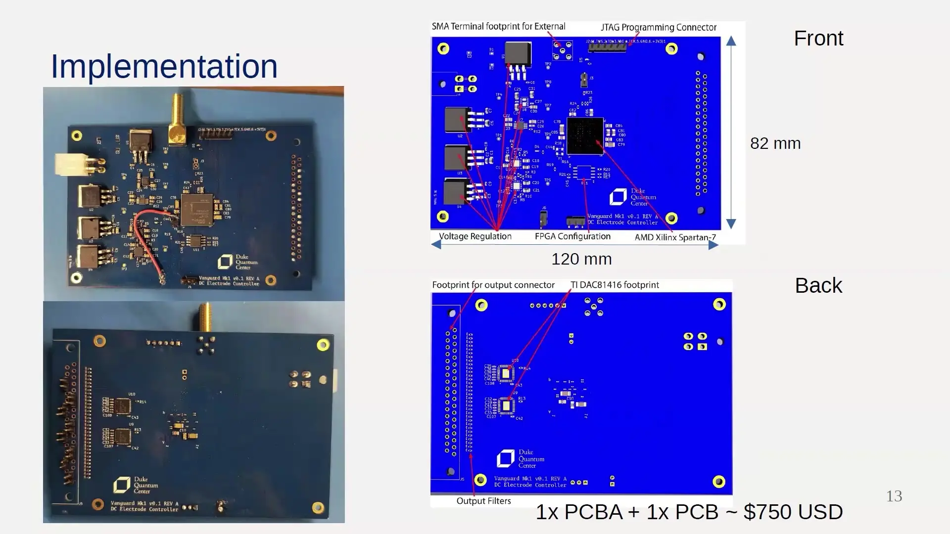 Front and back of the Vanguard ion trap voltage control board with a Spartan 7 FPGA and DAC chips from Duke