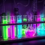 Fluorescing test tubes and flasks under blacklight
