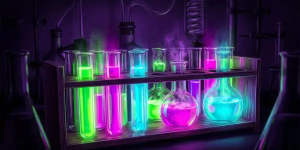 Fluorescing test tubes and flasks under blacklight