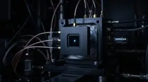A complex, dark-toned apparatus with glowing blue light at its centre dominates the frame, surrounded by connecting tubes and wires.