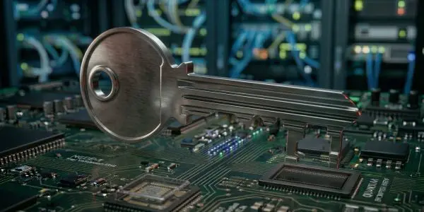 A metallic key rests on a green circuit board, set against a blurred background of server racks and glowing lights.