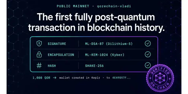 The graphic displays blockchain information with a dark blue background and a network pattern, highlighting a transaction.